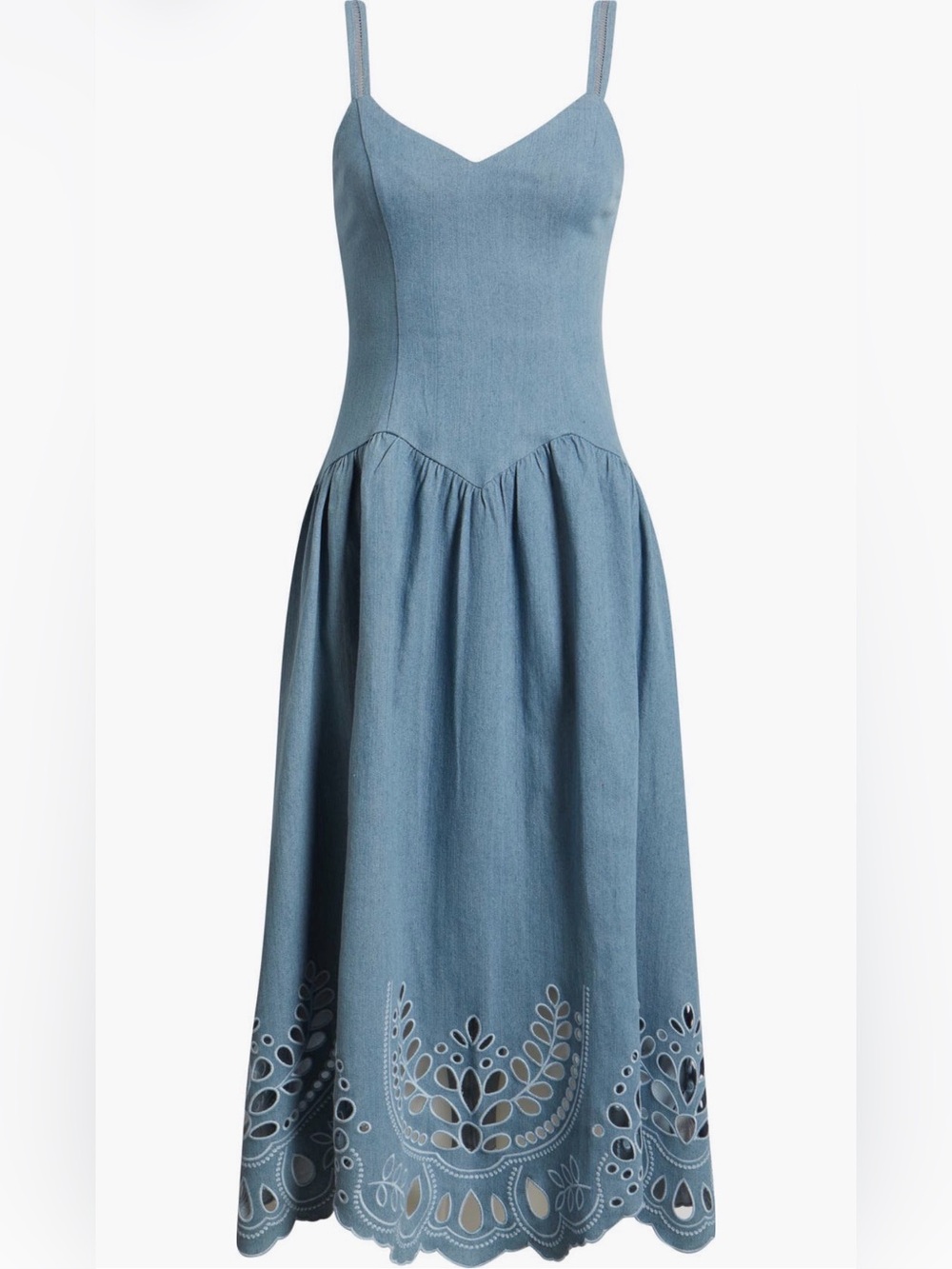 Moon River Blue Chambray Eyelet Embroidered Midi Dress – Size M NWT